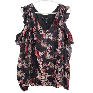 WHBM Floral Velvet Burnout VNeck Cold Shoulder Boho Whimsigoth Vampire Blouse 14